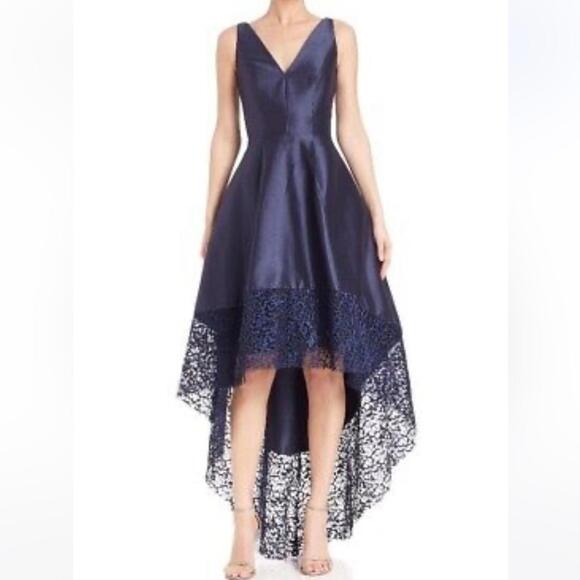 Monique Lhuillier Dresses & Skirts - Monique Ihuiller high low gown dress navy blue elegant V neck lace detail US2